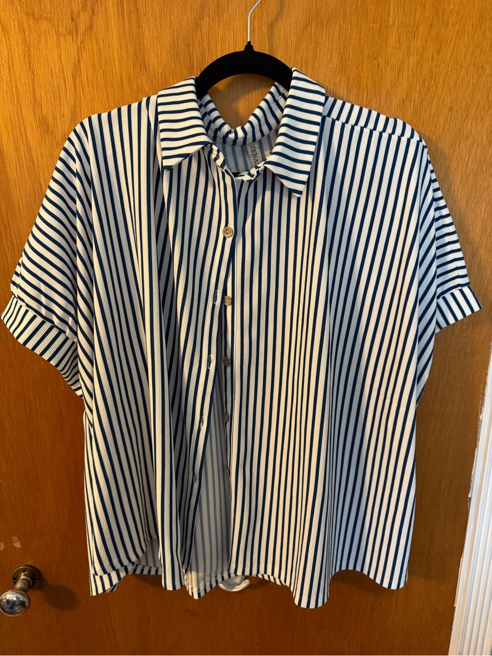 Women's Navy and White Striped Button-Down Shirt